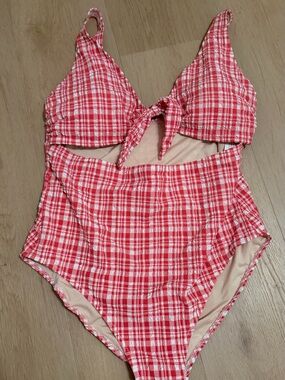Red and White Plaid One-Piece Swimsuit with Front Tie